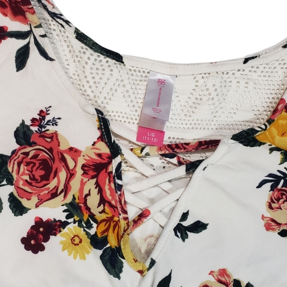 Floral Print Blouson Dress Juniors Size Large (11-13) Cap Sleeve Crotchet Trim - Picture 6 of 12